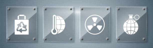 设置行星地球和回收，放射性，气象学温度计测量和纸购物袋回收。方形玻璃面板。向量图片下载