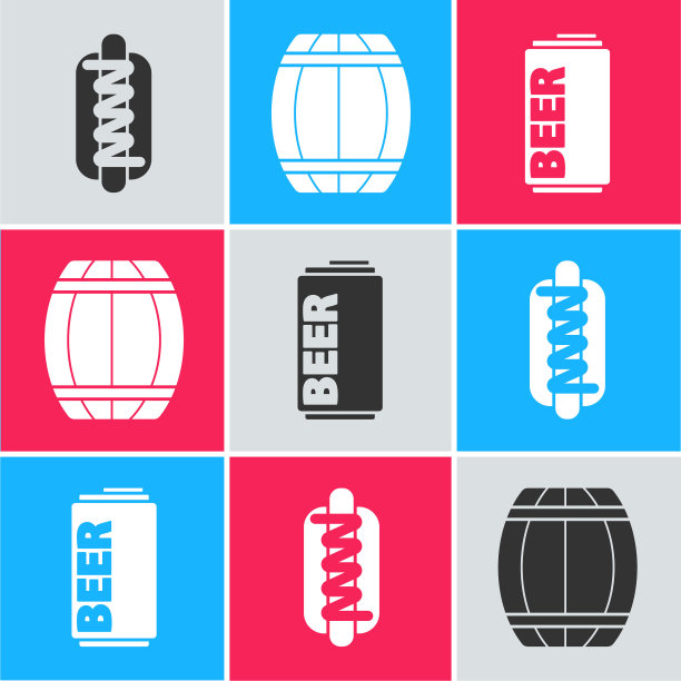 热狗三明治与芥末，木桶和啤酒罐图标。向量图片下载