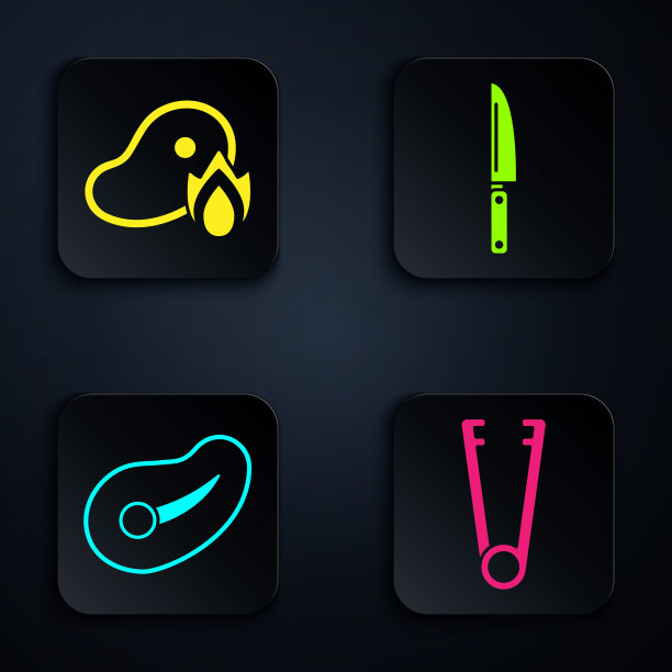 装肉钳，烤牛排肉和火火焰，牛排肉和刀。黑色方形按钮。向量图片下载