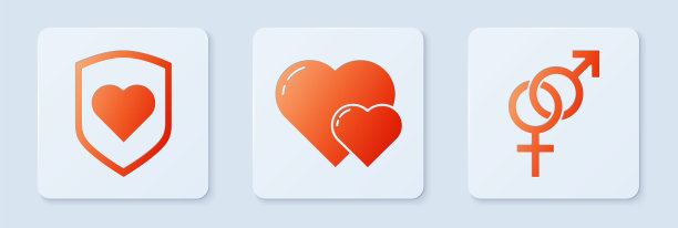 设心，心与盾和性别。白色正方形按钮。向量图片下载