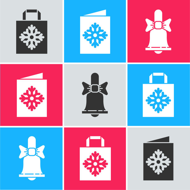 圣诞节纸质购物袋、圣诞明信片和圣诞铃铛图标矢量图套装图片下载