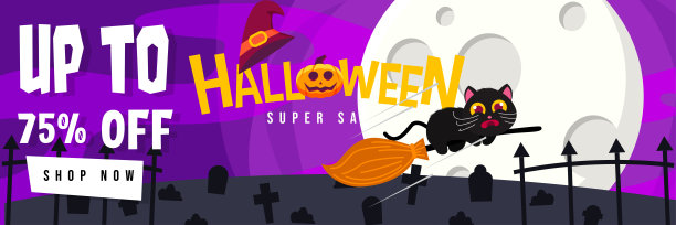 万圣节促销横幅与可爱的黑猫可怕的骑扫帚。可以用于海报，横幅，特别优惠，折扣图片下载
