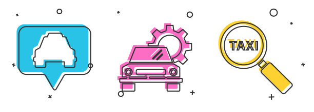 设置地图指针与出租车，汽车服务和放大镜和出租车图标。向量图片下载