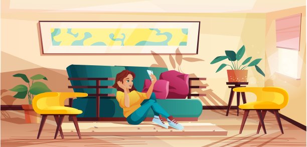 漂亮女孩在用手机自拍。褐发女人坐着打视频电话。客厅内。图片下载