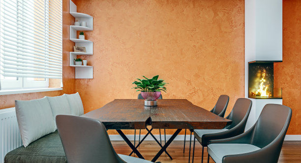 现代意大利设计餐厅与小壁炉和橙色的灰泥墙，模型，3d渲染，3d插图图片下载