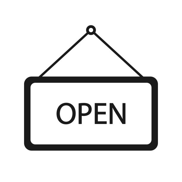 开放式门黑色标志平面风格。店门上挂着欢迎的图标。办公、咖啡厅、零售市场招牌。图片下载