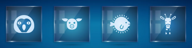 设置猫头鹰鸟，猪，河豚鱼和长颈鹿头。方形玻璃面板。向量图片下载