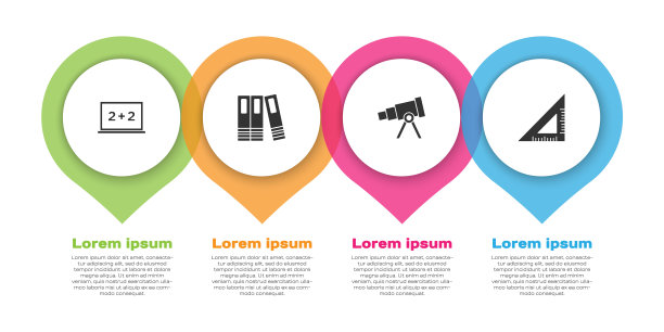设置黑板，办公文件夹，望远镜和三角尺。业务信息模板。向量图片下载