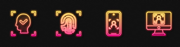 设置线移动和人脸识别，人脸，指纹和。发光的霓虹灯图标。向量图片下载