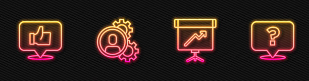 设置线黑板与图表，手，猎头和问号。发光的霓虹灯图标。向量图片下载
