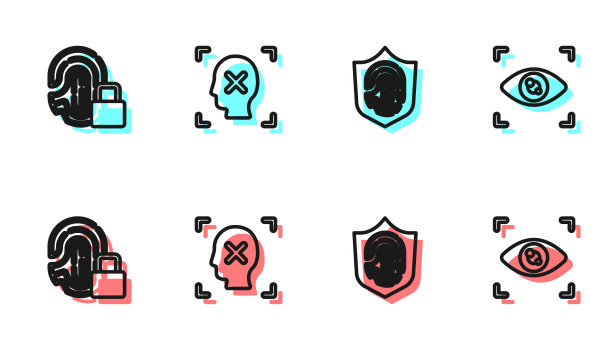在屏蔽中设置线指纹，带锁，拒绝人脸识别和眼睛扫描图标。向量图片下载