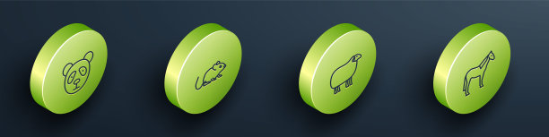 设定等距可爱的熊猫脸，老鼠，绵羊和马的图标。向量图片下载