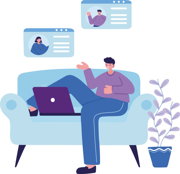 男人坐在沙发上用笔记本电脑聊天图片下载