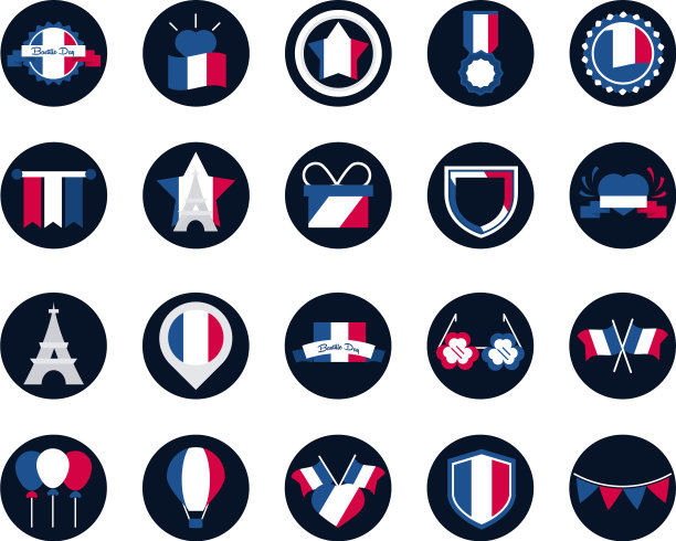 法国和巴士底日的方块和扁平风格的图标图片下载