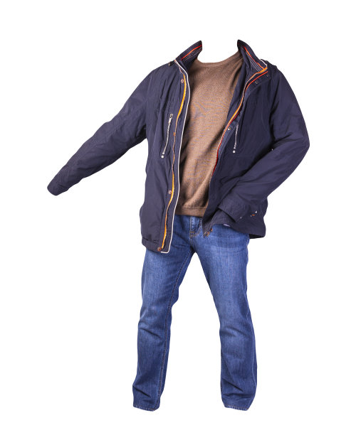 夹克，毛衣和蓝色牛仔裤孤立在白色背景。休闲服装图片下载