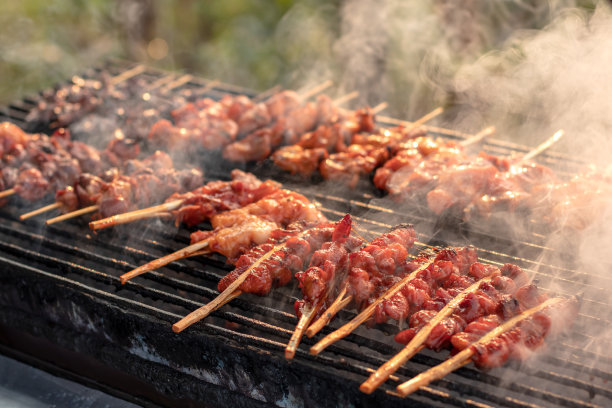 带烟的烤鸡串。图片下载