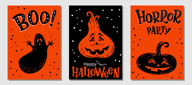 万圣节手绘邀请或贺卡矢量集。传统的万圣节的象征图片下载