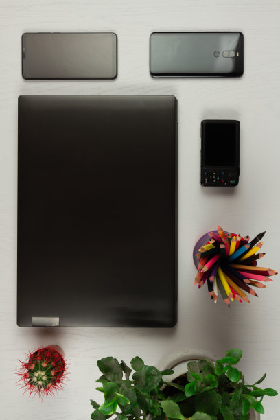 笔记本电脑、智能手机、相机、彩色铅笔和木桌上的一盆植物图片下载