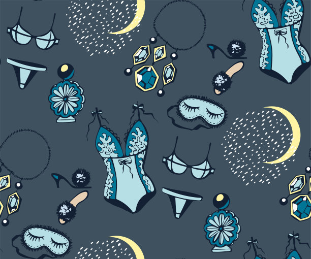 矢量装饰手绘女人配件装饰背景。浪漫的无缝图案装饰。矢量模式。印刷纺织品，布料，壁纸，包装图片下载