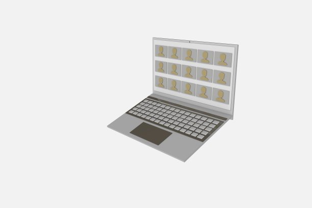 一群人通过视频呼叫一台笔记本电脑。隔离期间的远程培训在家独立工作。三维渲染图片下载