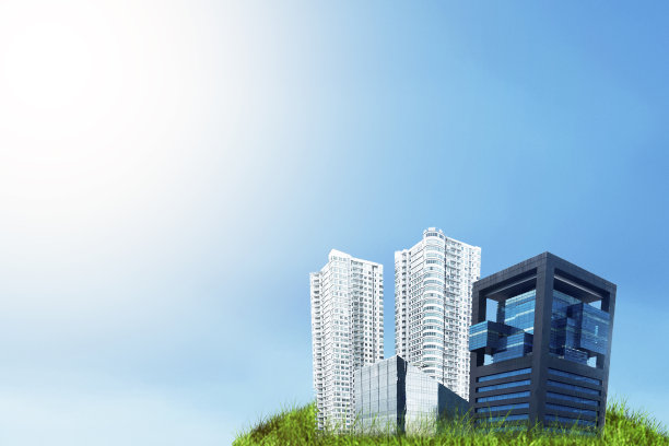 有建筑和公寓的土地，以蓝天为背景图片下载