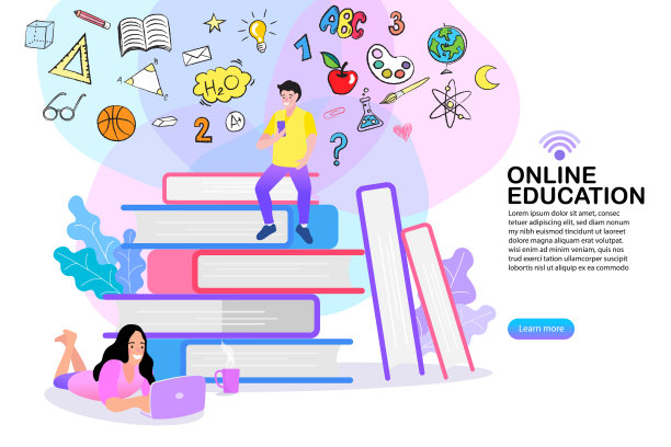 在线教育的概念。卡通玩耍的孩子。欢迎回到学校。可爱的学校的孩子。平面设计模式与子。图片下载