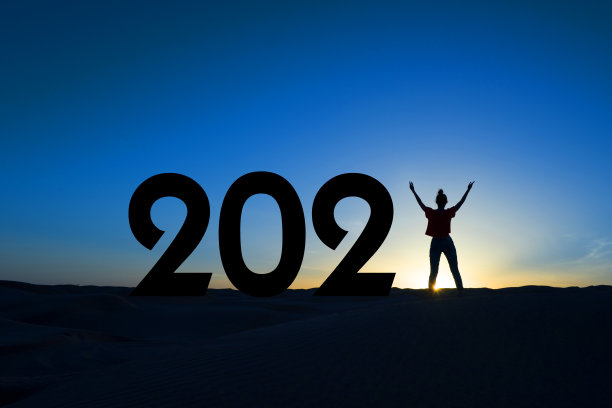 2021年，一个站在日出中的女人的剪影，女性赋权，女权主义新年节日贺卡图片下载