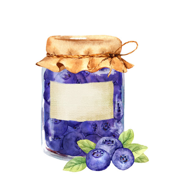 复古风格的蓝莓果酱罐，里面有蓝莓和蓝树叶。水彩图片下载