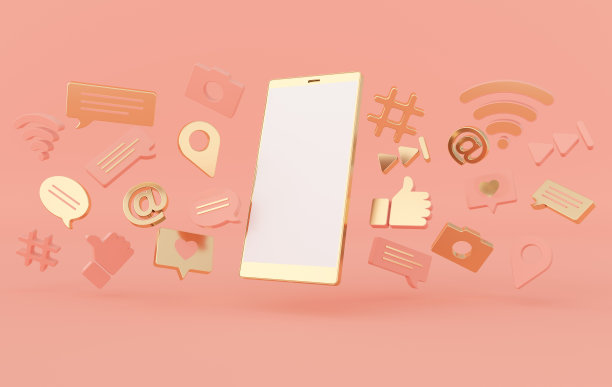 Like, chat, comment bubble, camera, hashtag, Wi - Fi无线网络符号，at, play图标和智能手机。社交媒体，应用程序符号3d渲染图片下载