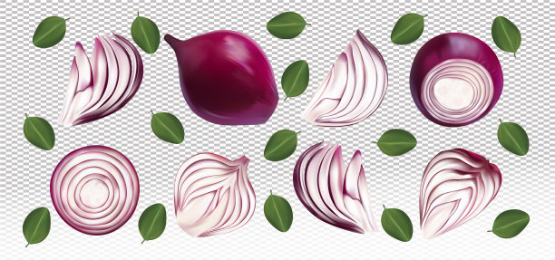 把红洋葱和叶子放在透明的玻璃上图片下载