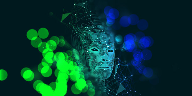 多边形技术背景与三维线框头和模糊效果。机器学习。科学数据。人工智能概念用于商业和科学。图片下载