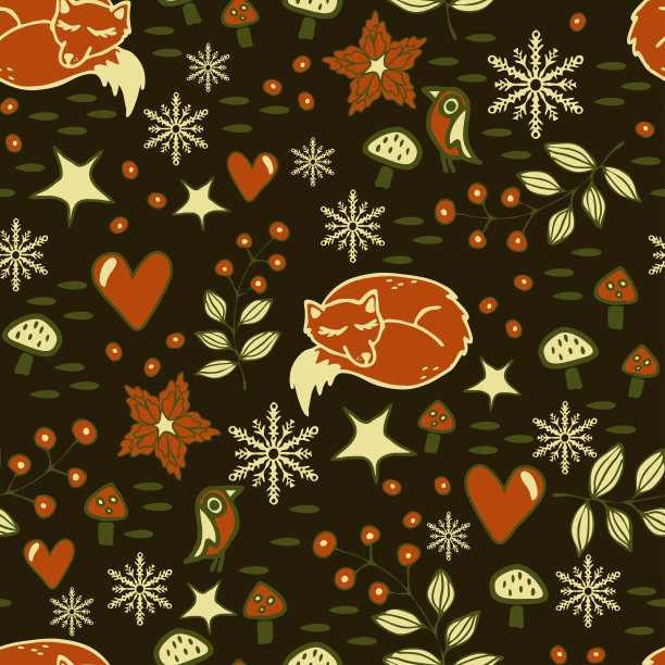 无缝矢量图案与圣诞花在棕色的背景。简单的冬日森林壁纸设计与睡觉的狐狸。假日时尚纺织品装饰。图片下载