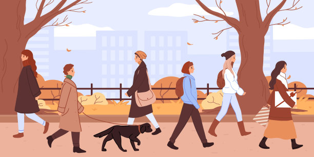 人们穿着暖和的衣服，在秋天的公园户外活动。公园在秋季有黄色的草，树叶和树木。秋季博览会海报、传单或横幅。男人，女人放松，遛狗。图片下载