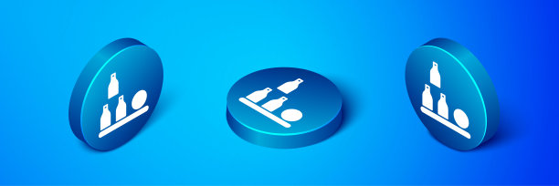 等距瓶子球图标孤立在蓝色背景。蓝色圆按钮。向量图片下载