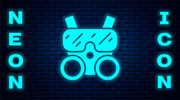 发光的霓虹灯防毒面具图标隔离在砖墙的背景上。呼吸器的迹象。向量图片下载