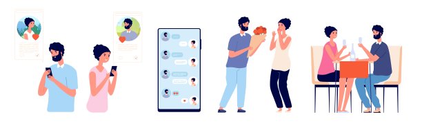 智能手机交友聊天。网恋，女孩与男孩调情或浪漫约会。可爱的夫妇使用手机短信和会议矢量插图图片下载