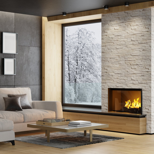 现代斯堪的纳维亚风格乡村别墅，配有壁炉和白色板岩墙的简约内饰图片下载