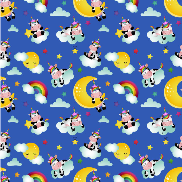 可爱的独角兽牛在美好的夜晚无缝背景图片下载