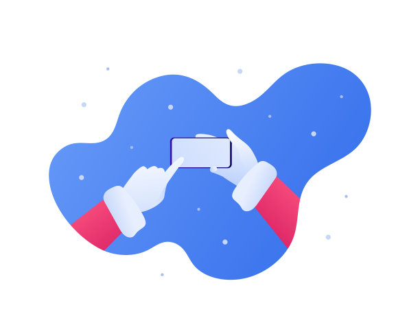 圣诞假日科技概念。矢量平面插图。圣诞老人戴着手套的人手拿着智能手机。手指触摸屏幕与复制空间..雪的天空背景。设计横幅，网页。图片下载