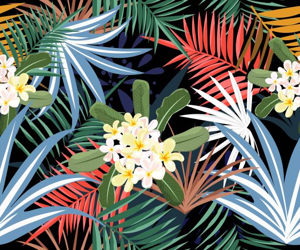 抽象现代色彩丰富的热带异国情调的叶子无缝图案，植物和叶子设计的背景或墙纸，模板，服装，时装，织物，蜡染，包装。图片下载