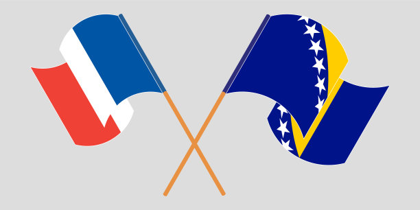 法国和波斯尼亚-黑塞哥维那的旗帜交叉挥舞图片下载