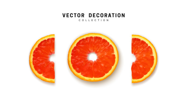 桔套鲜熟，切片平观。切一半的橙子。真实的矢量孤立在白色背景。图片下载