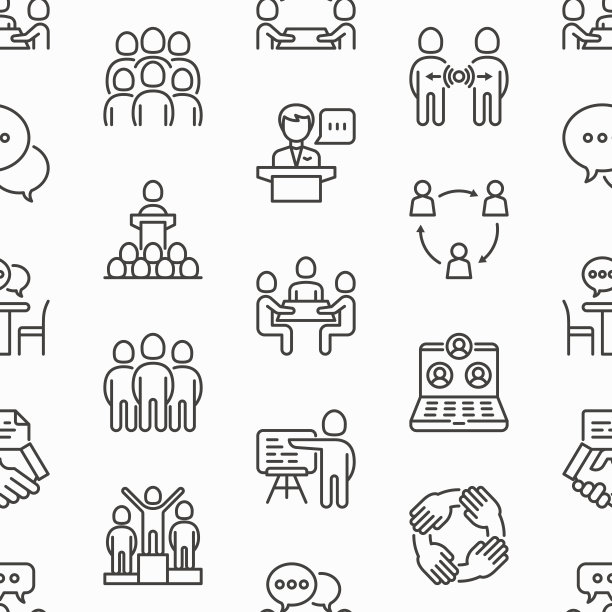 细线图标会议无缝模式:演讲者，沟通，协作，团队，头脑风暴，在线会议，会议，主持人，商务协议，采访。矢量插图。图片下载