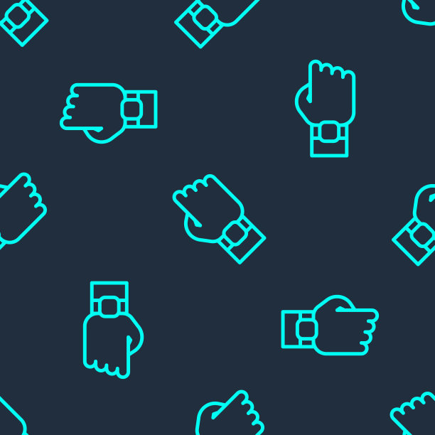 绿线智能手表在手图标隔离无缝模式上的蓝色背景。健身应用程序的概念。向量图片下载