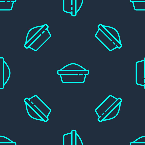 绿色线宠物食品碗猫或狗的图标孤立无缝模式在蓝色背景。狗或猫的爪印。向量图片下载