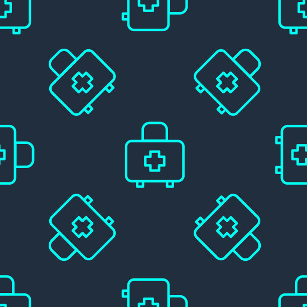 绿色线急救箱图标隔离无缝模式在蓝色背景。有十字的医药箱。应急医疗设备。医疗保健的概念。向量图片下载