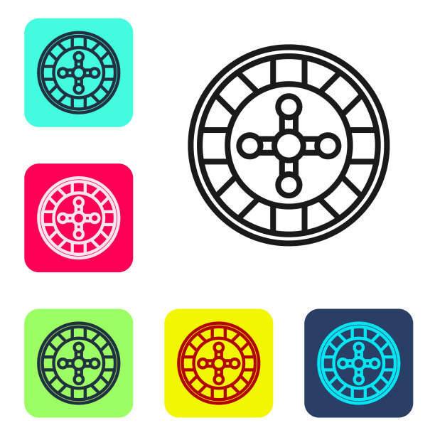 黑线赌场轮盘赌图标孤立在白色背景。设置图标为彩色方框按钮。向量图片下载