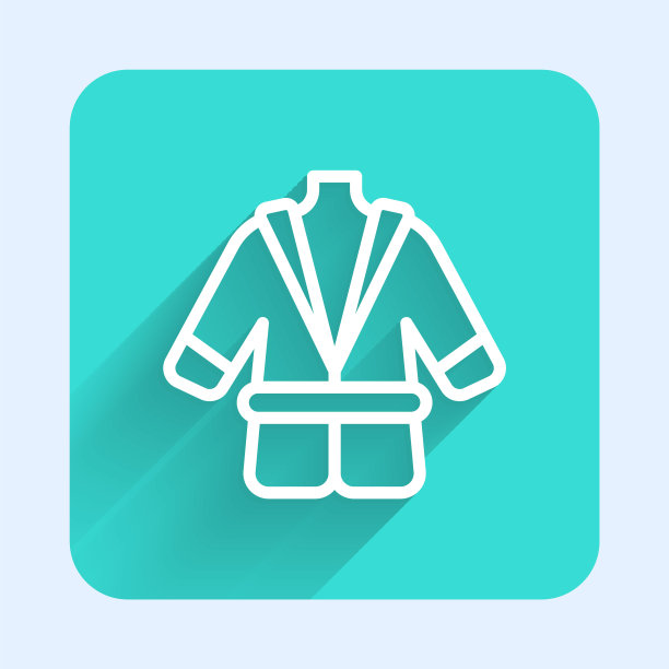 白色线浴袍图标孤立与长影子。绿色广场按钮。向量图片下载