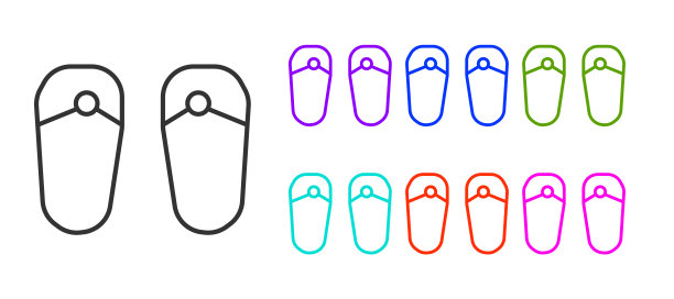 黑色线Flip flops图标孤立的白色背景。沙滩拖鞋的迹象。设置图标丰富多彩。向量图片下载