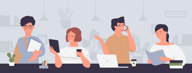 共同工作空间区域，卡通创意商务人士会议，工作桌边使用笔记本电脑，平板电脑图片下载